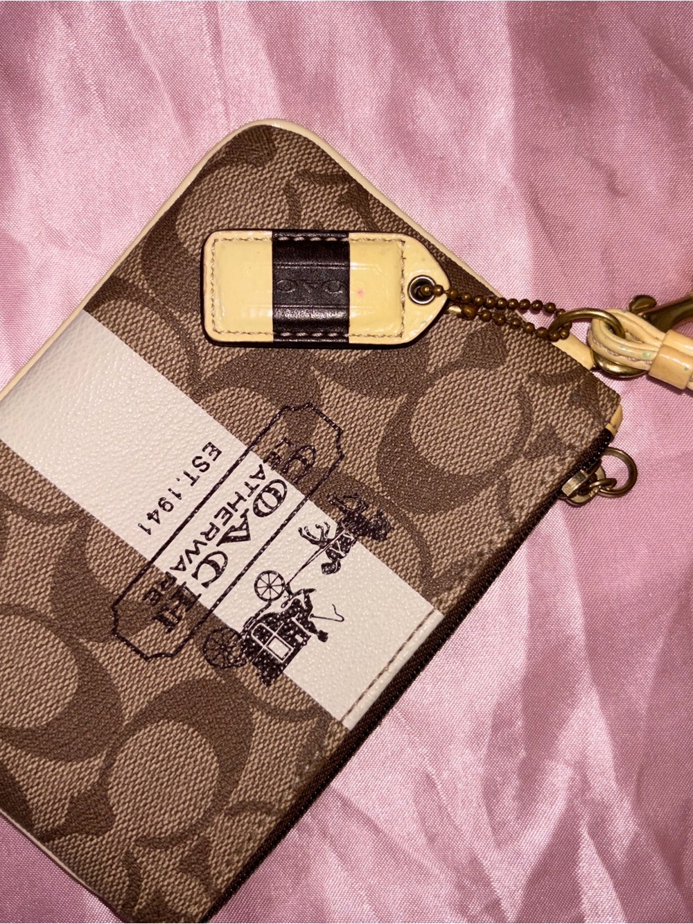 Coach Brown and Cream Signature Wristlet with Leather Trim